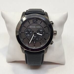 Michael Kors MK8434 Black Leather Mens Watch Wristwatch Chronograph New Battery